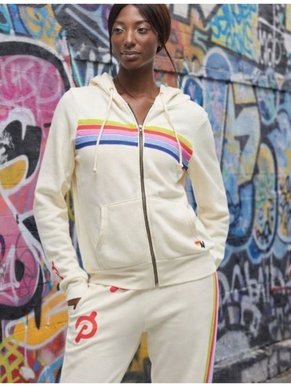 Aviator Nation x Peloton 5 Stripe Full Zip Hoodie XXL Cream